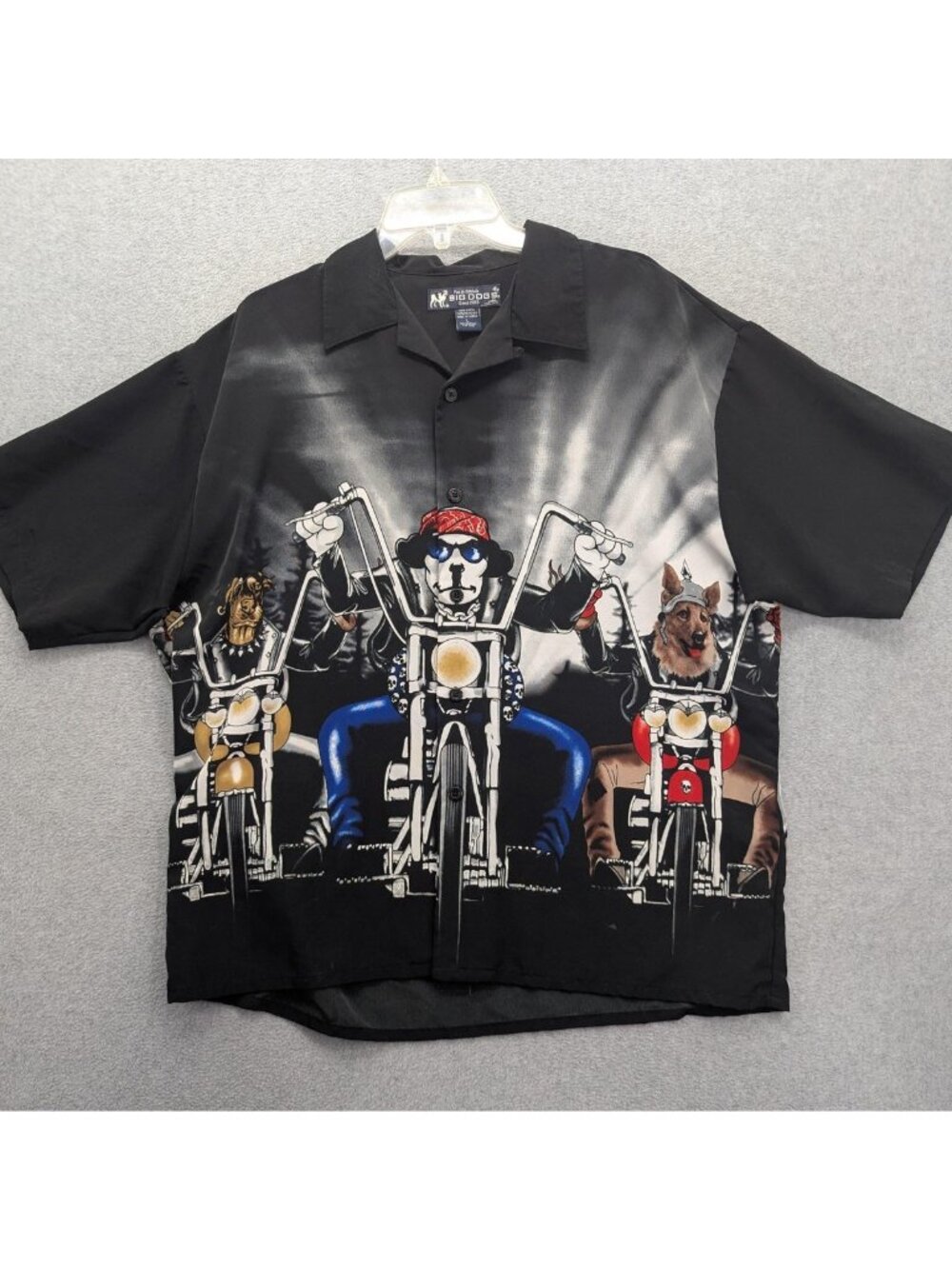Big Dogs Shirt Mens Large Black Biker Dog Graphic Camp Short Sleeve Button Up